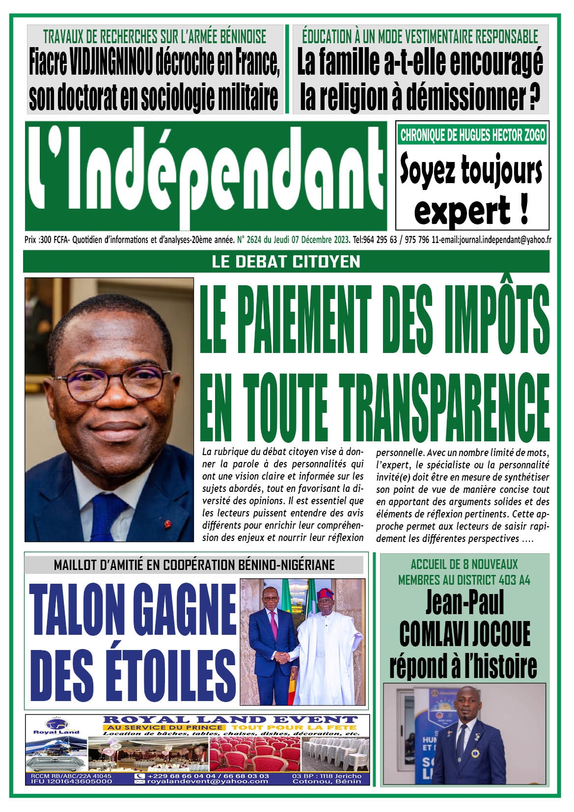 L'INDÉPENDANT - Parution numéro 2624 du jeudi 7 décembre 2023.